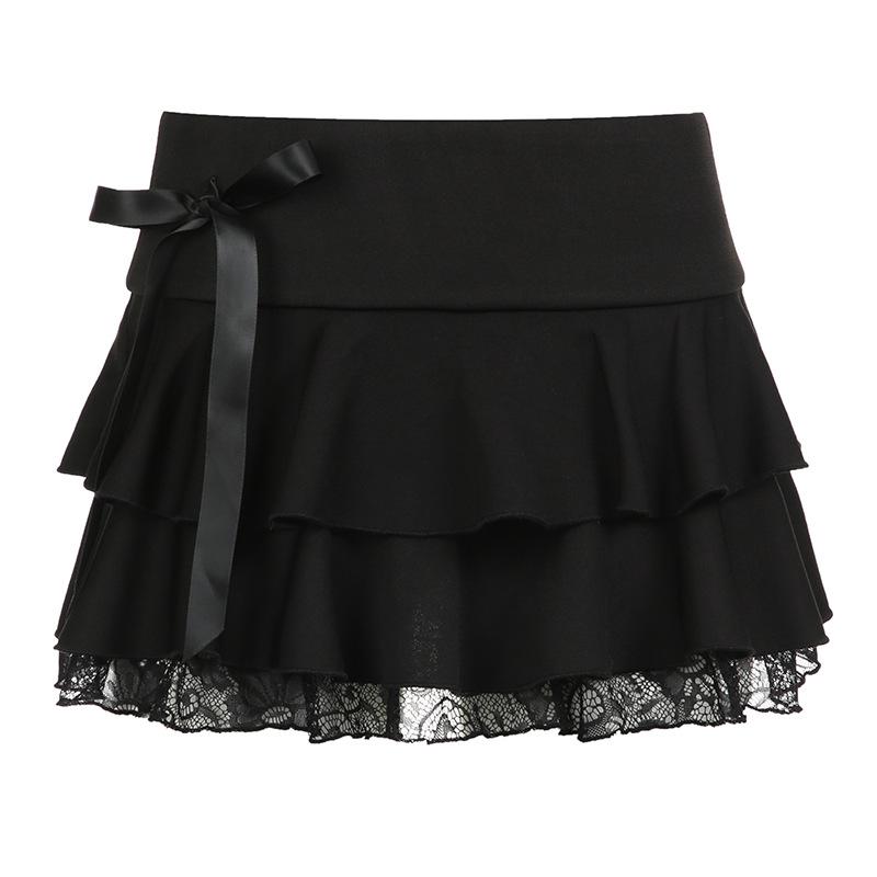 acelimosf™-Bowknot solid ruffle lace hem low rise mini skirt