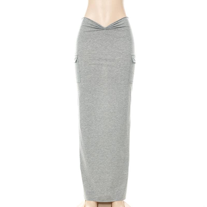 acelimosf™-Ruched slit solid pocket high rise midi skirt y2k 90s Revival Techno Fashion