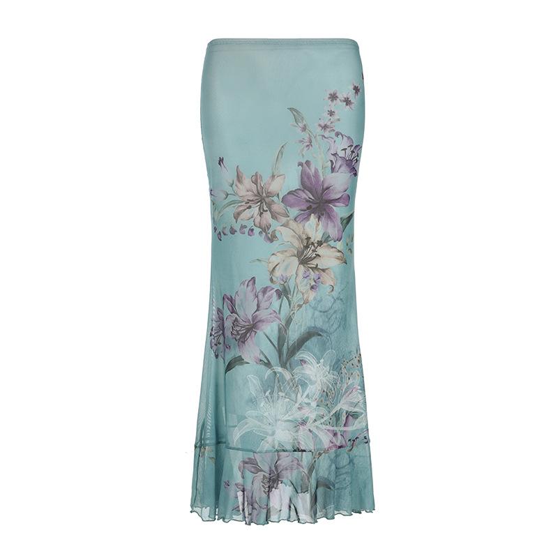 acelimosf™-Ruched ruffle cowl neck  flower print mesh maxi skirt set