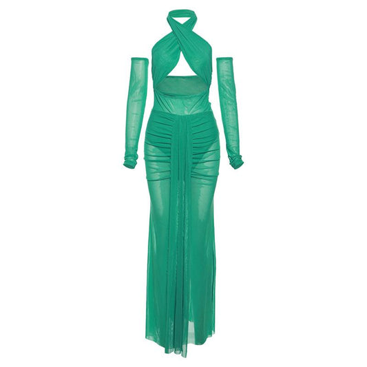 acelimosf™-Cross front gloves hollow out halter mesh bodysuit maxi skirt set