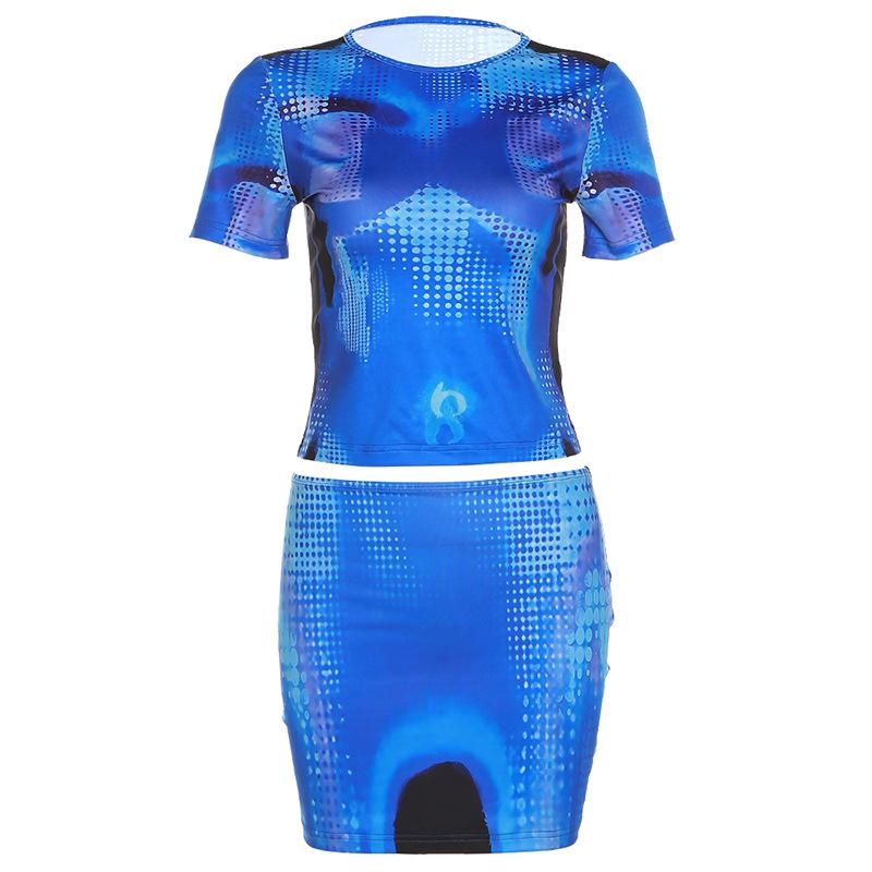 acelimosf™-Contrast print short sleeve crewneck mini skirt set y2k 90s Revival Techno Fashion