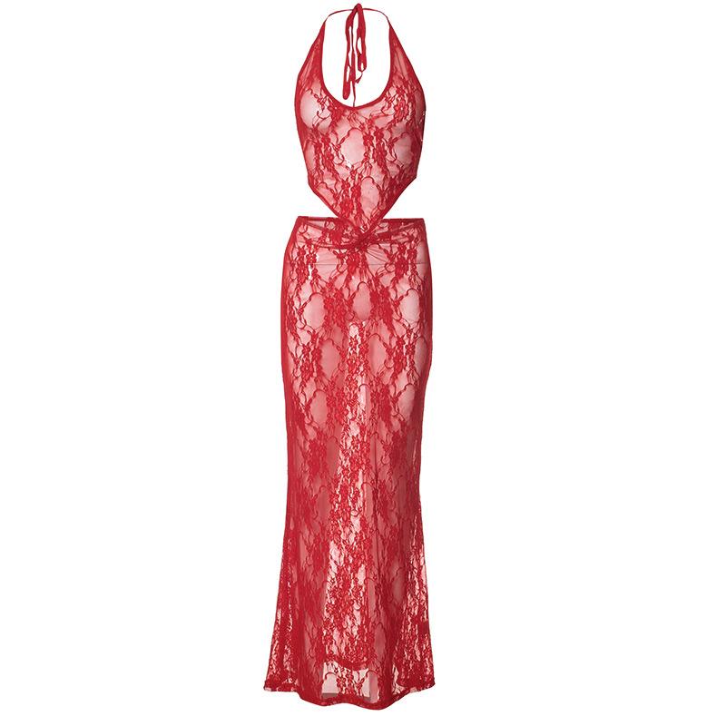 acelimosf™-Halter u neck lace see through ruched backless maxi skirt set