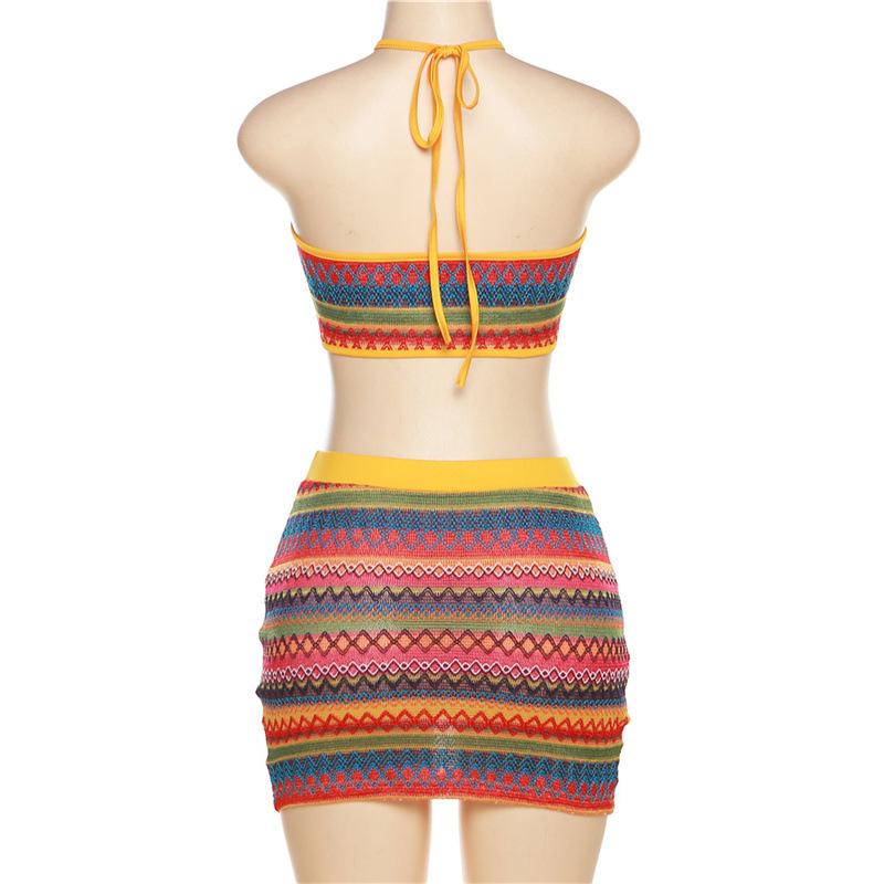 acelimosf™-Self tie halter backless contrast print textured mini skirt set