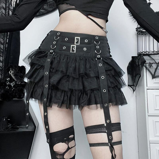 acelimosf™-Buckle mesh zip-up ruched A line mini skirt goth Alternative Darkwave Fashion goth Emo Darkwave Fashion