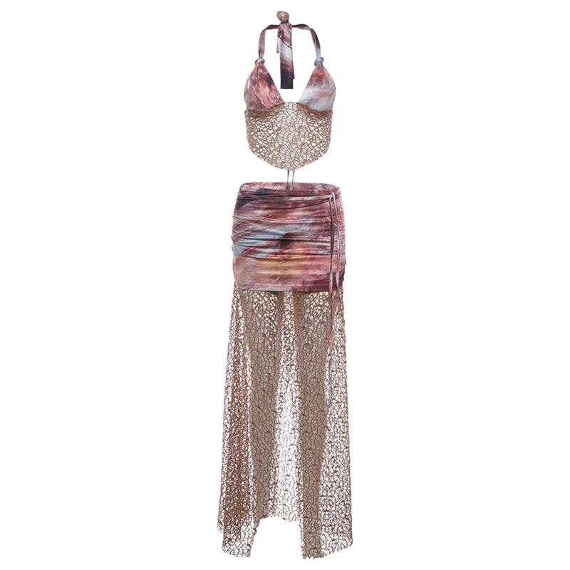 acelimosf™-Halter fishnet tie dye hollow out high slit maxi skirt set