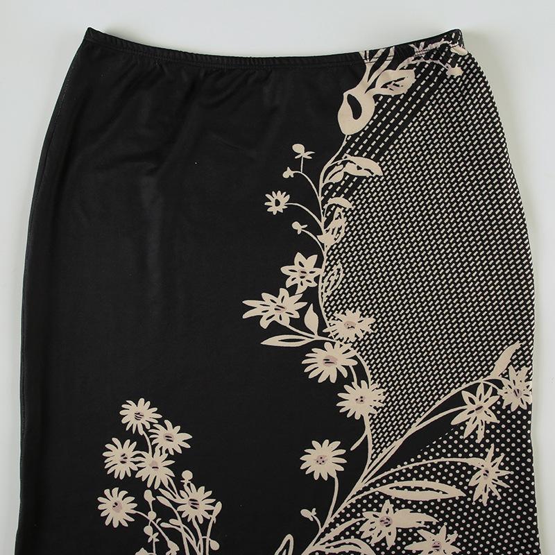 acelimosf™-Polka dot flower print contrast maxi skirt