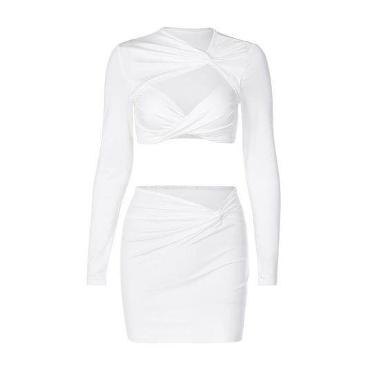 acelimosf™-Knotted hollow out solid ruched long sleeve mini skirt set