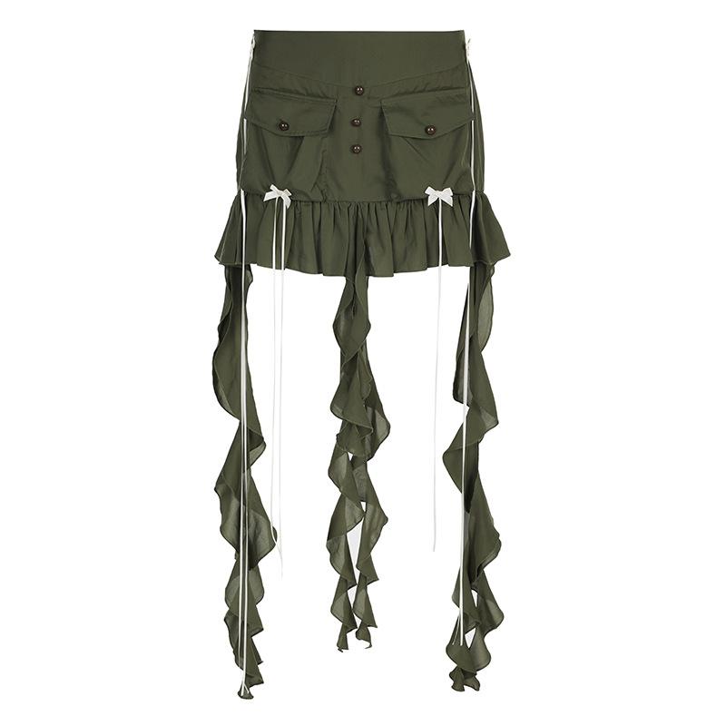 acelimosf™-Ruffle ribbon zip-up bowknot button pocket mini skirt