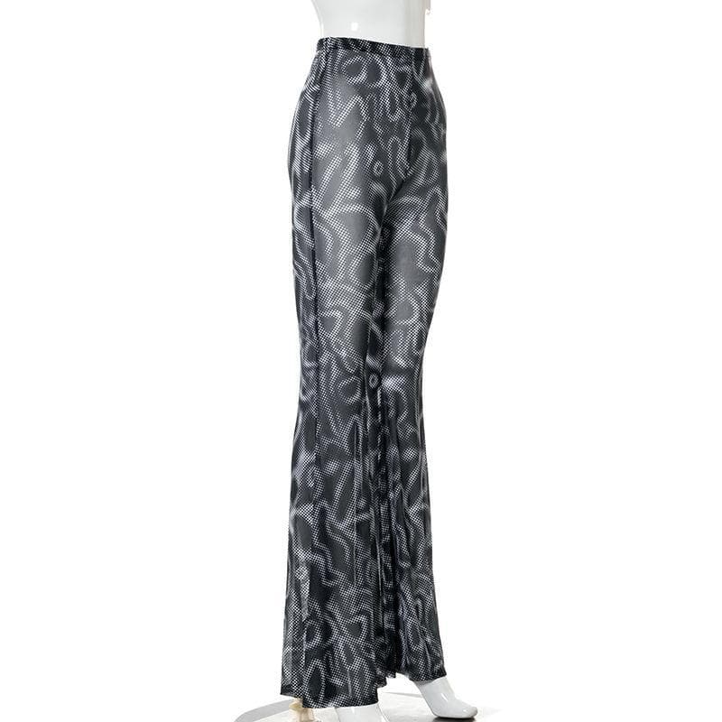 acelimosf™-Mesh see through flared print pant y2k 90s Revival Techno Fashion