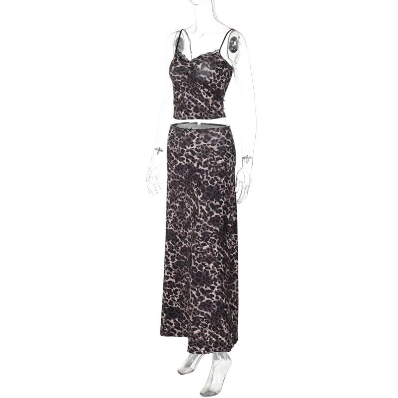 acelimosf™-Leopard print lace hem cami maxi skirt set