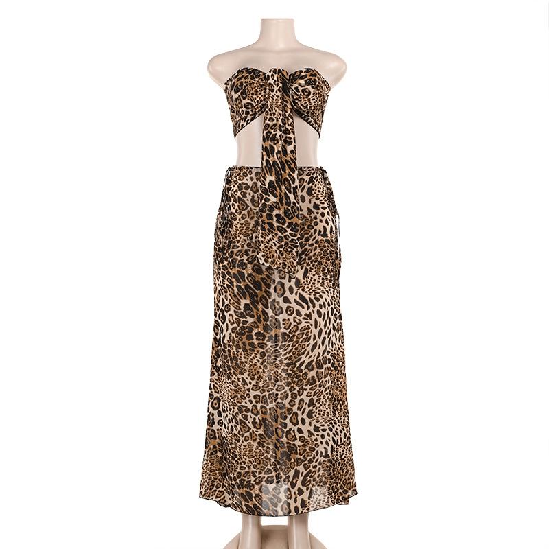 acelimosf™-Leopard print knotted self tie tube maxi skirt set