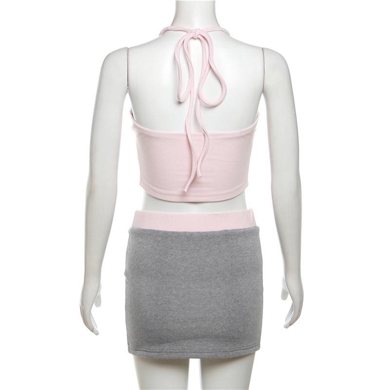 acelimosf™-Sweetheart neck contrast halter backless mini skirt set