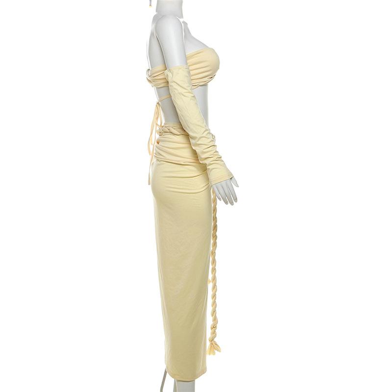 acelimosf™-Gloves one shoulder high slit self tie maxi skirt set