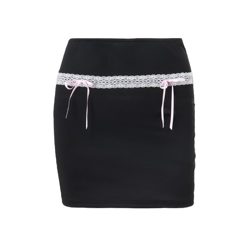 acelimosf™-Bowknot lace hem ribbon A line contrast mini skirt