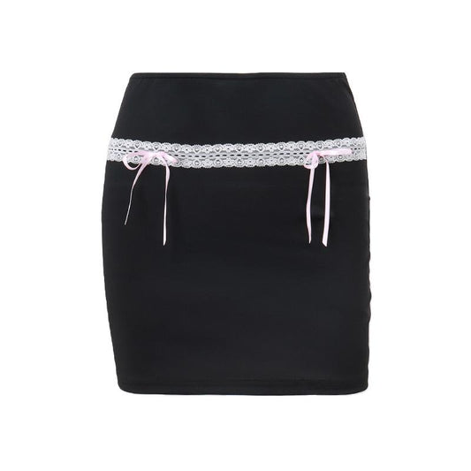 acelimosf™-Bowknot lace hem ribbon A line contrast mini skirt