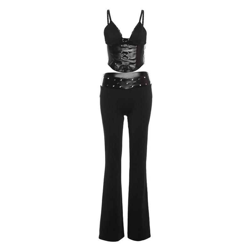 acelimosf™-V neck PU leather lace up cami pant set