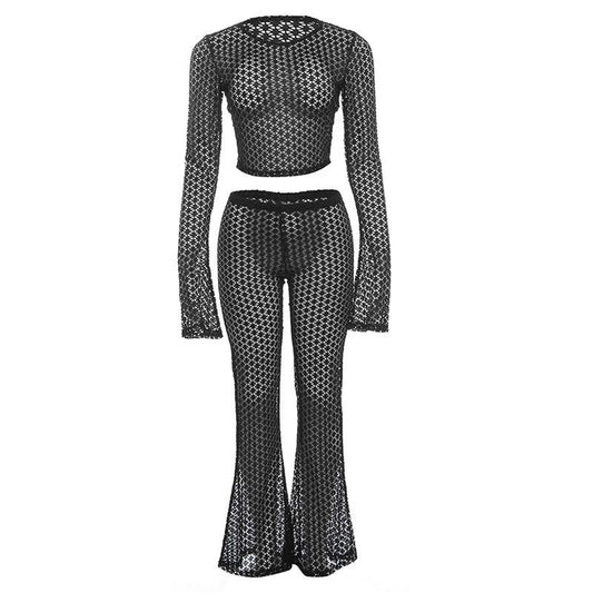 acelimosf™-Long flared sleeve hollow out see through crop pant set