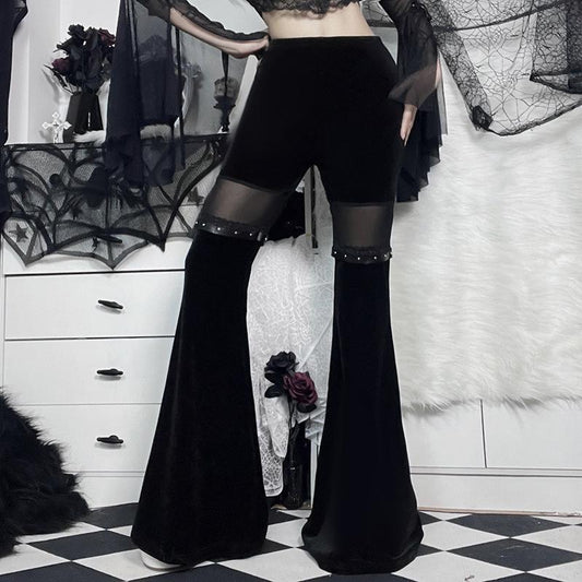 acelimosf™-Mesh patchwork solid lace hem velvet flared pant goth Alternative Darkwave Fashion goth Emo Darkwave Fashion