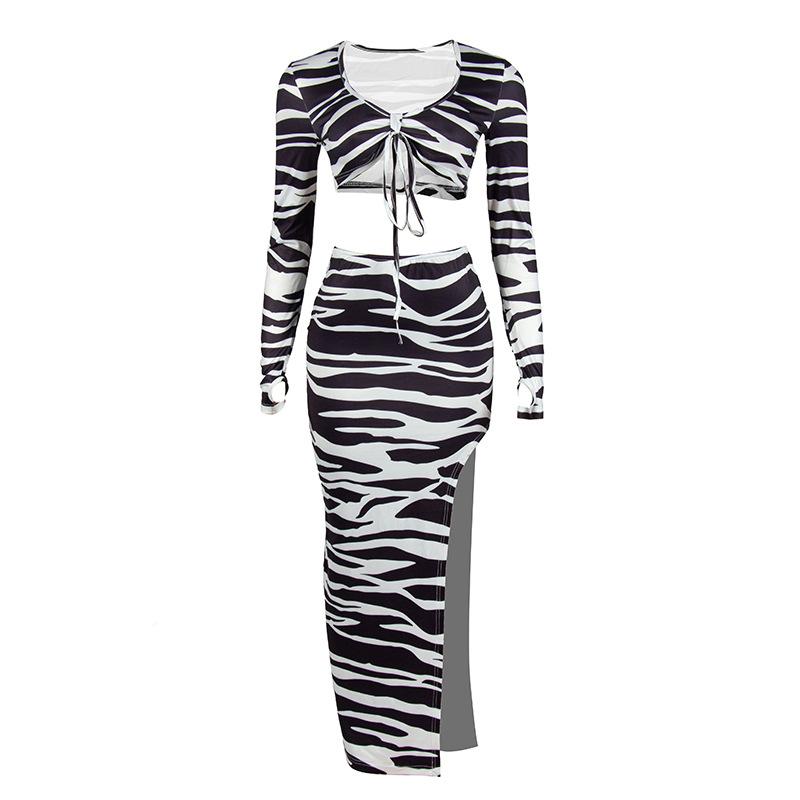 acelimosf™-Zebra print self tie contrast long sleeve irregular slit maxi skirt set