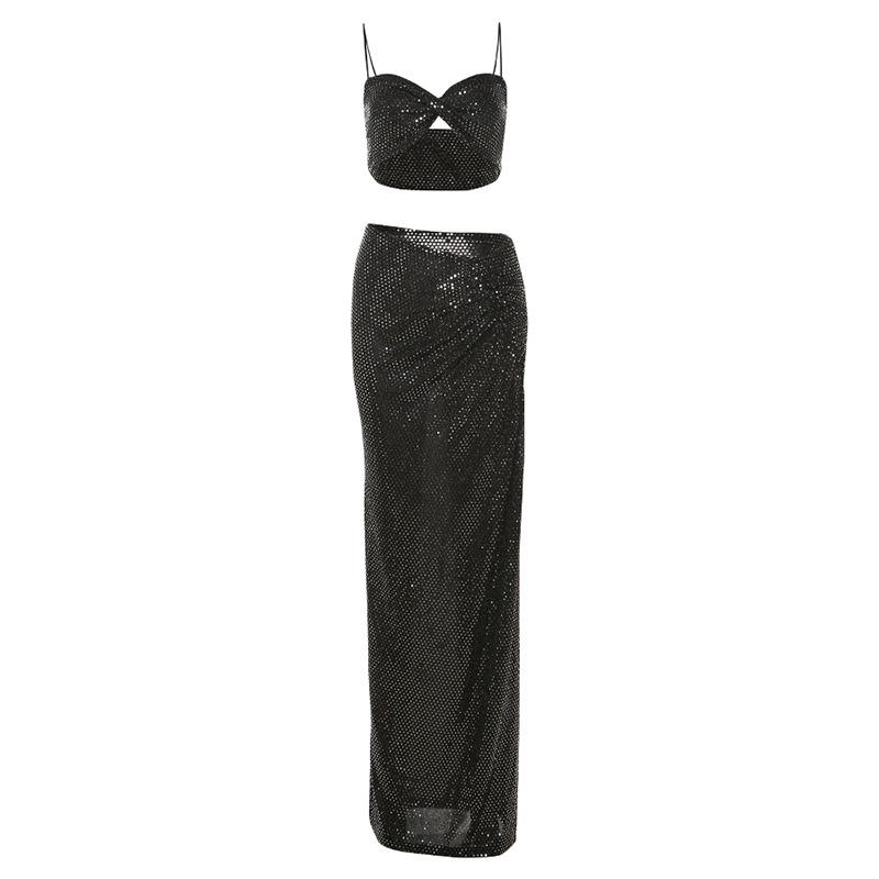 acelimosf™-Glitter ruched slit cami maxi skirt set