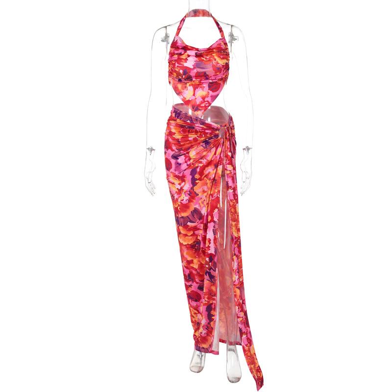 acelimosf™-Halter flower print o ring slit maxi skirt set