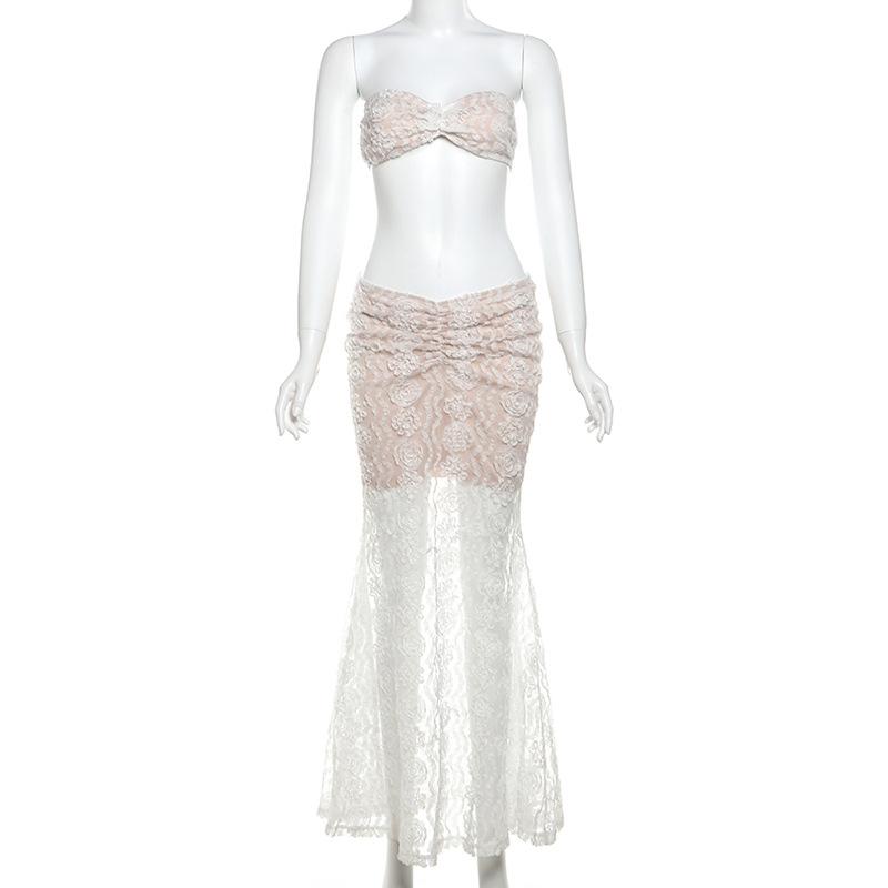 acelimosf™-Ruched mesh tube maxi skirt set