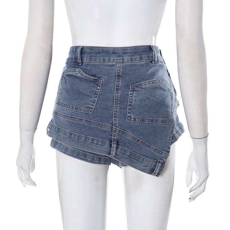 acelimosf™-Patchwork irregular stitch 2-way zip-up denim shorts y2k 90s Revival Techno Fashion