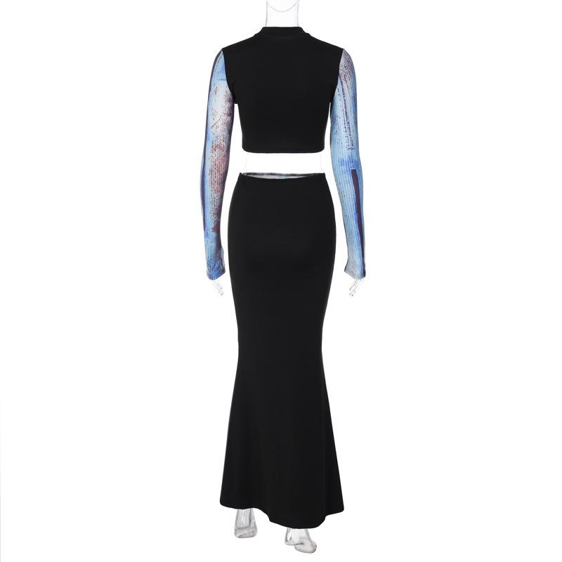 acelimosf™-Contrast print long sleeve high neck patchwork maxi skirt set