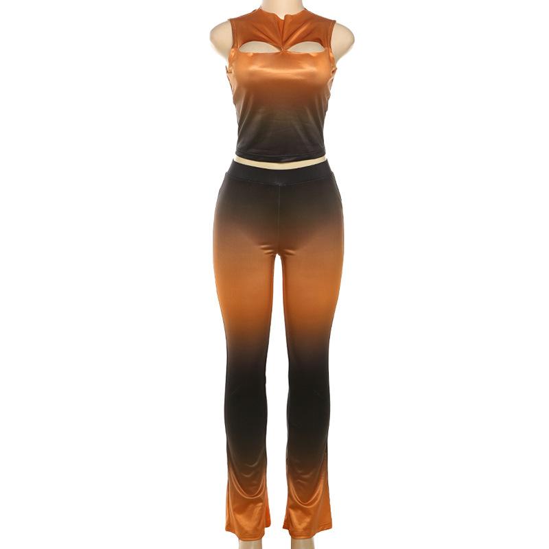 acelimosf™-Sleeveless gradient crewneck ruched hollow out pant set