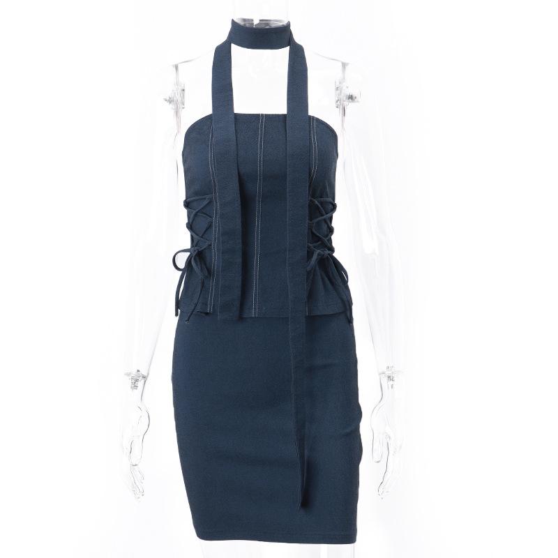 acelimosf™-Stitch denim lace up ruched backless A line tube mini skirt set