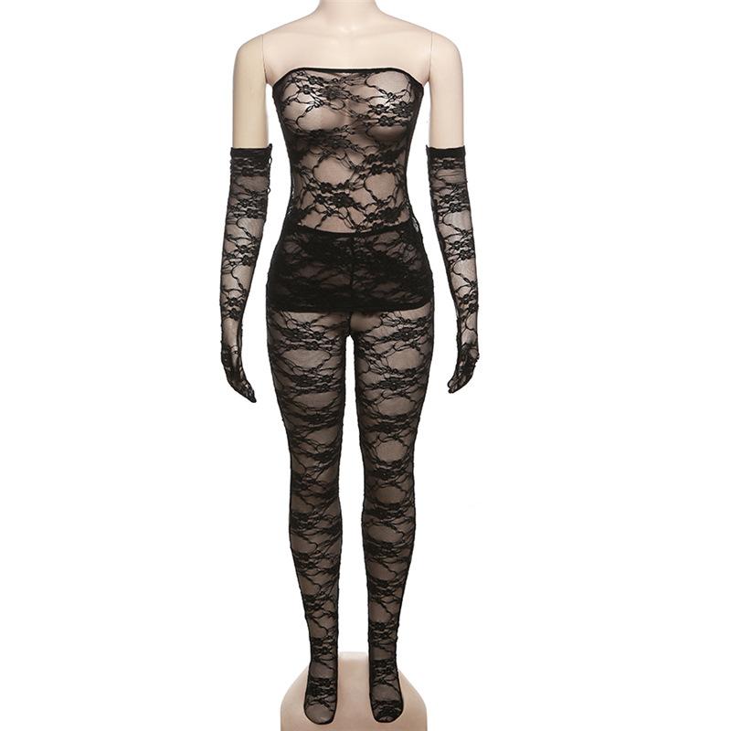 acelimosf™-Lace see through gloves solid backless tube pant set