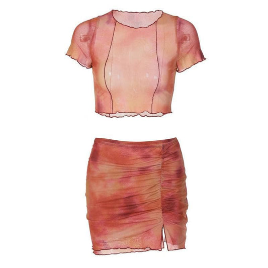 acelimosf™-Ruffled sheer mesh print short sleeve skirt set