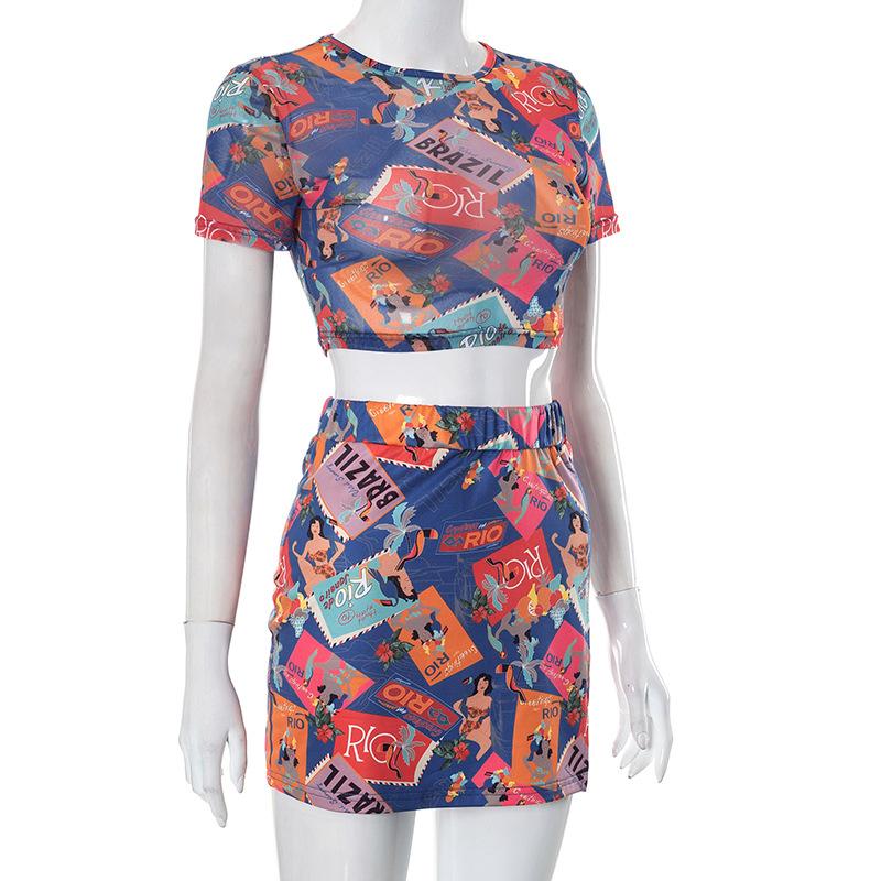 acelimosf™-Abstract print mesh short sleeve crewneck contrast mini skirt set cyberpunk Sci-Fi Fashion