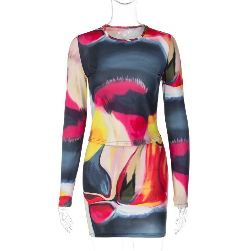 acelimosf™-Long sleeve tie dye round neck mini skirt set cyberpunk Sci-Fi Fashion