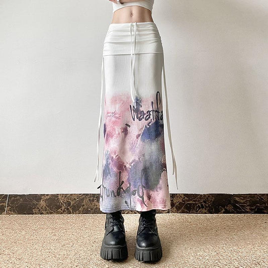 acelimosf™-Drawstring abstract print ruched slit maxi skirt