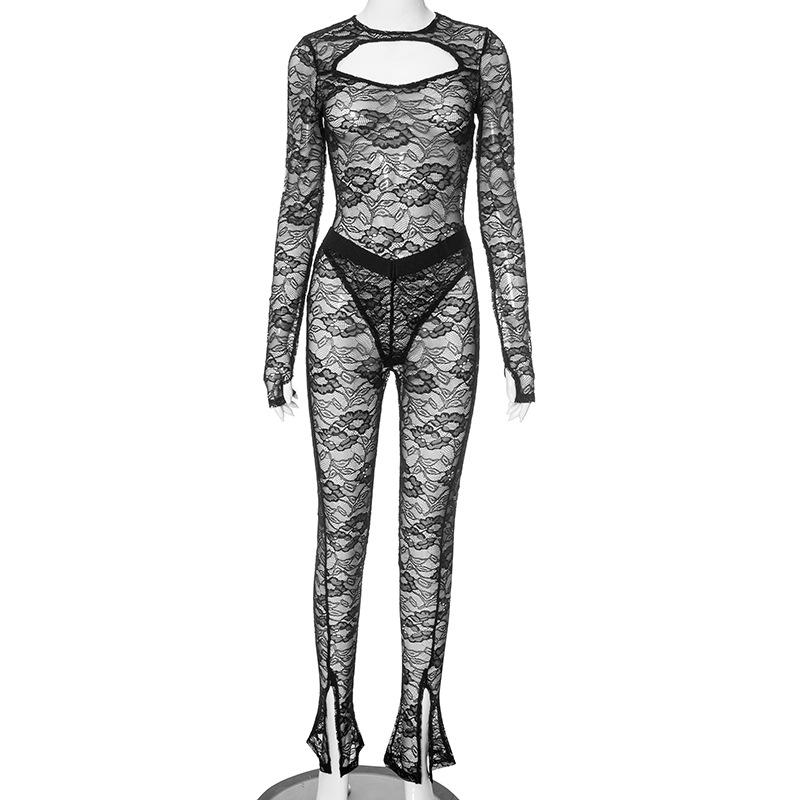 acelimosf™-Long sleeve hollow out lace see through pant set