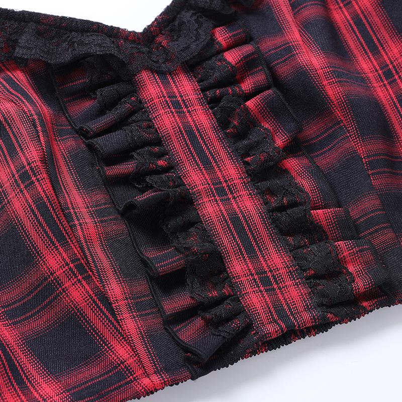 acelimosf™-Lace hem ruffle lace up plaid smocked backless mini skirt set