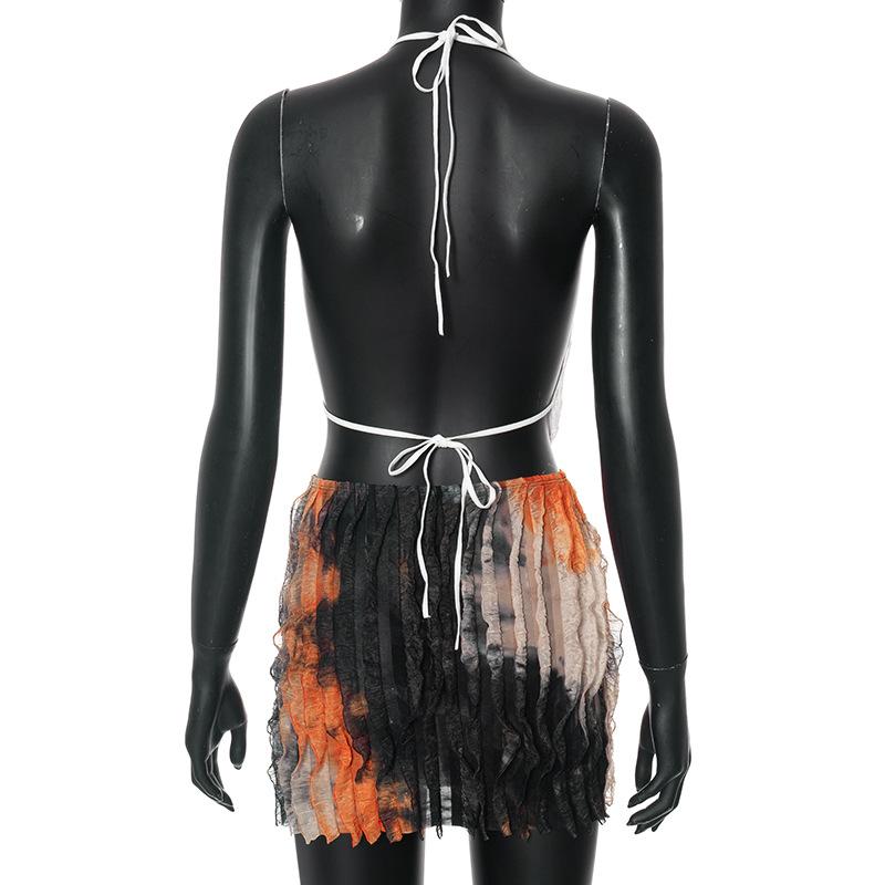 acelimosf™-Halter cowl neck ruffle tie dye backless mini skirt set