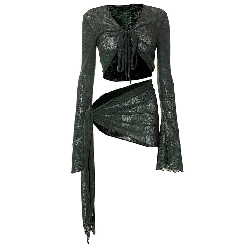 acelimosf™-Sheer mesh see through v neck knotted irregular long sleeve skirt set y2k 90s Revival Techno Fashion