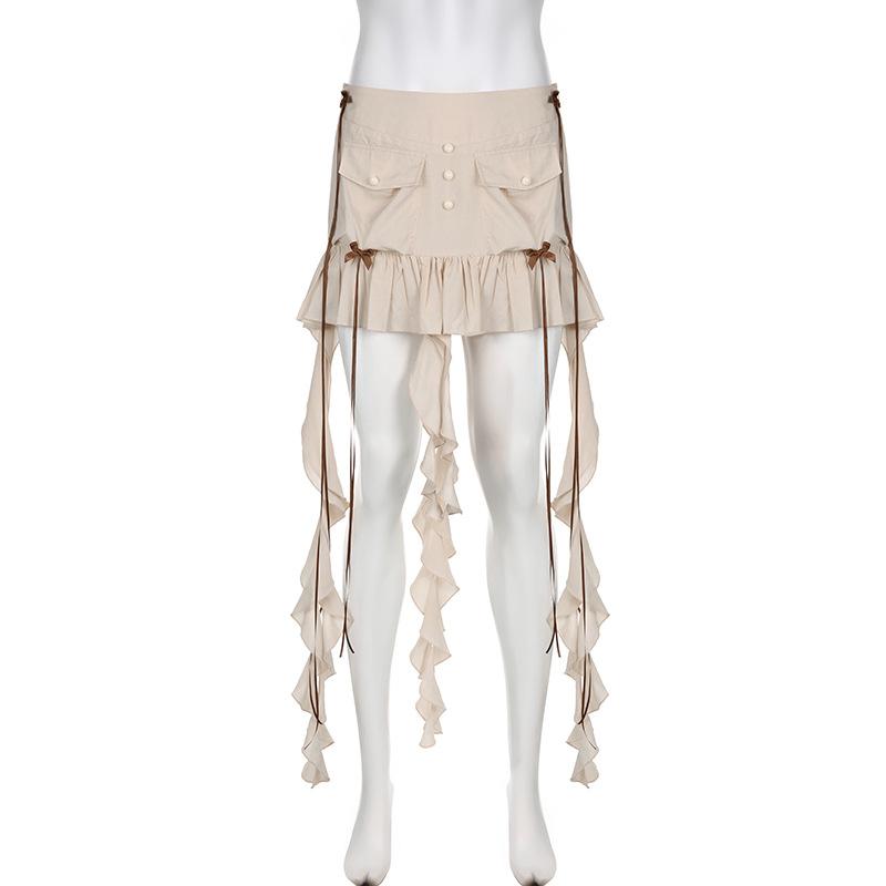 acelimosf™-Ruffle ribbon zip-up bowknot button pocket mini skirt