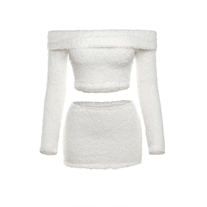 acelimosf™-Fluffy solid off shoulder long sleeve mini skirt set