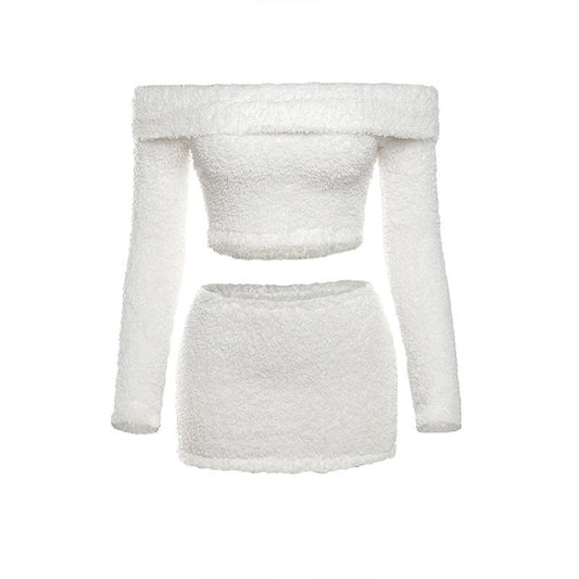 acelimosf™-Fluffy solid off shoulder long sleeve mini skirt set