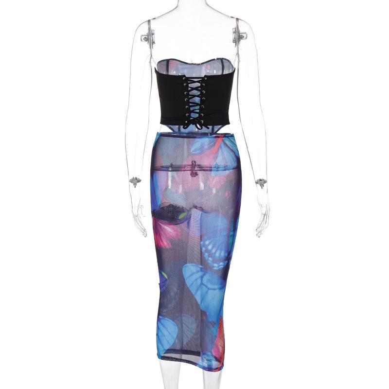 acelimosf™-Sheer mesh see through butterfly pattern lace up midi skirt set