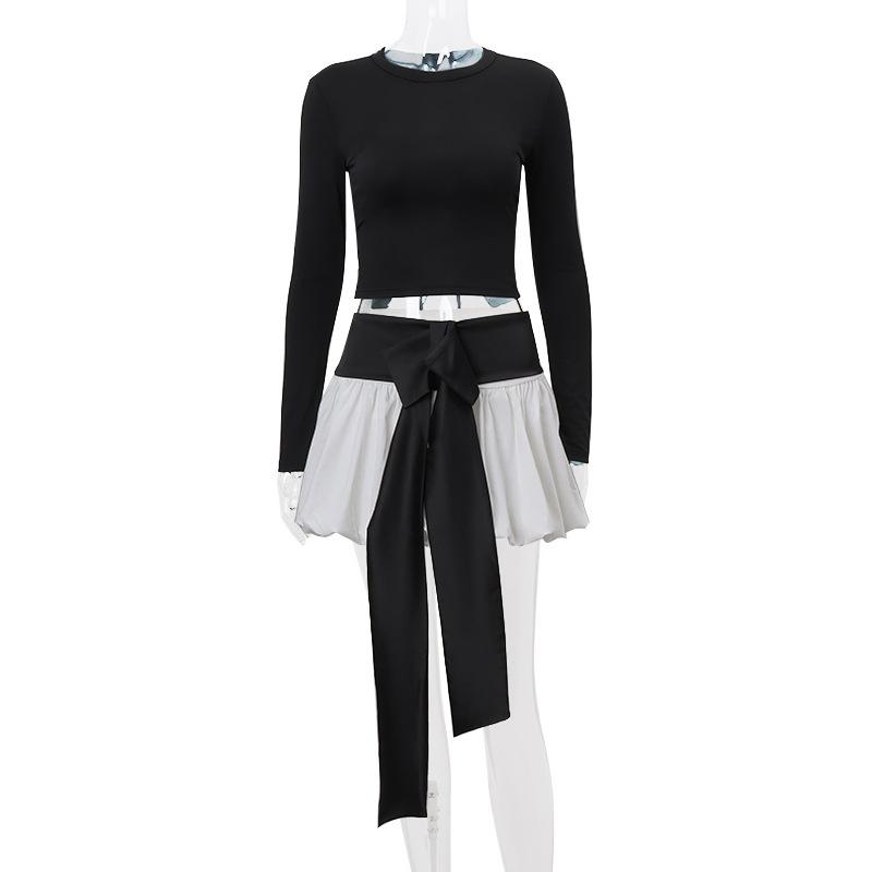 acelimosf™-Long sleeve crewneck bowknot lace up ribbon ruched mini skirt set