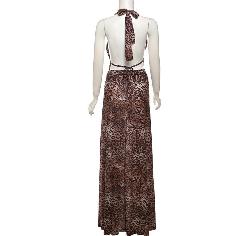 acelimosf™-Halter deep v neck leopard print maxi skirt set