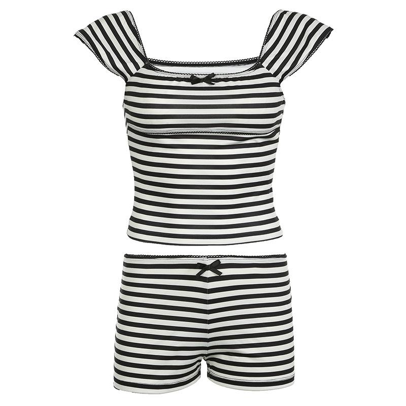 acelimosf™-Striped print cap sleeve bowknot pant set