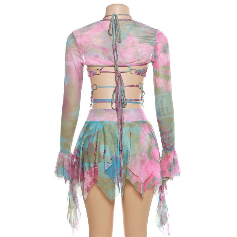 acelimosf™-Flared sleeve tie dye o ring self tie halter low cut mini skirt set