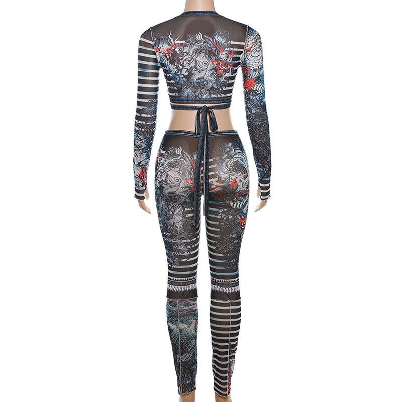 acelimosf™-Long sleeve striped dragon print sheer mesh pant set