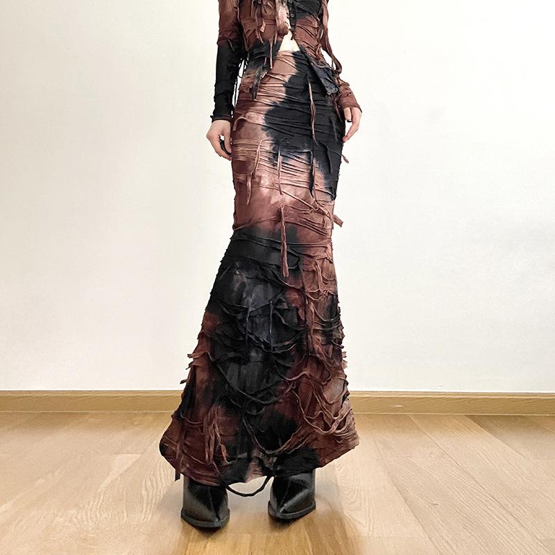 acelimosf™-Textured tie dye contrast zip-up low rise maxi skirt set