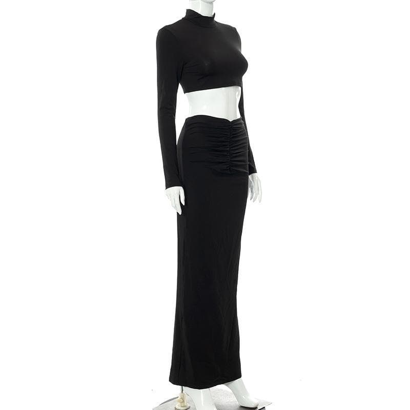 acelimosf™-High neck long sleeve ruched solid maxi skirt set y2k 90s Revival Techno Fashion